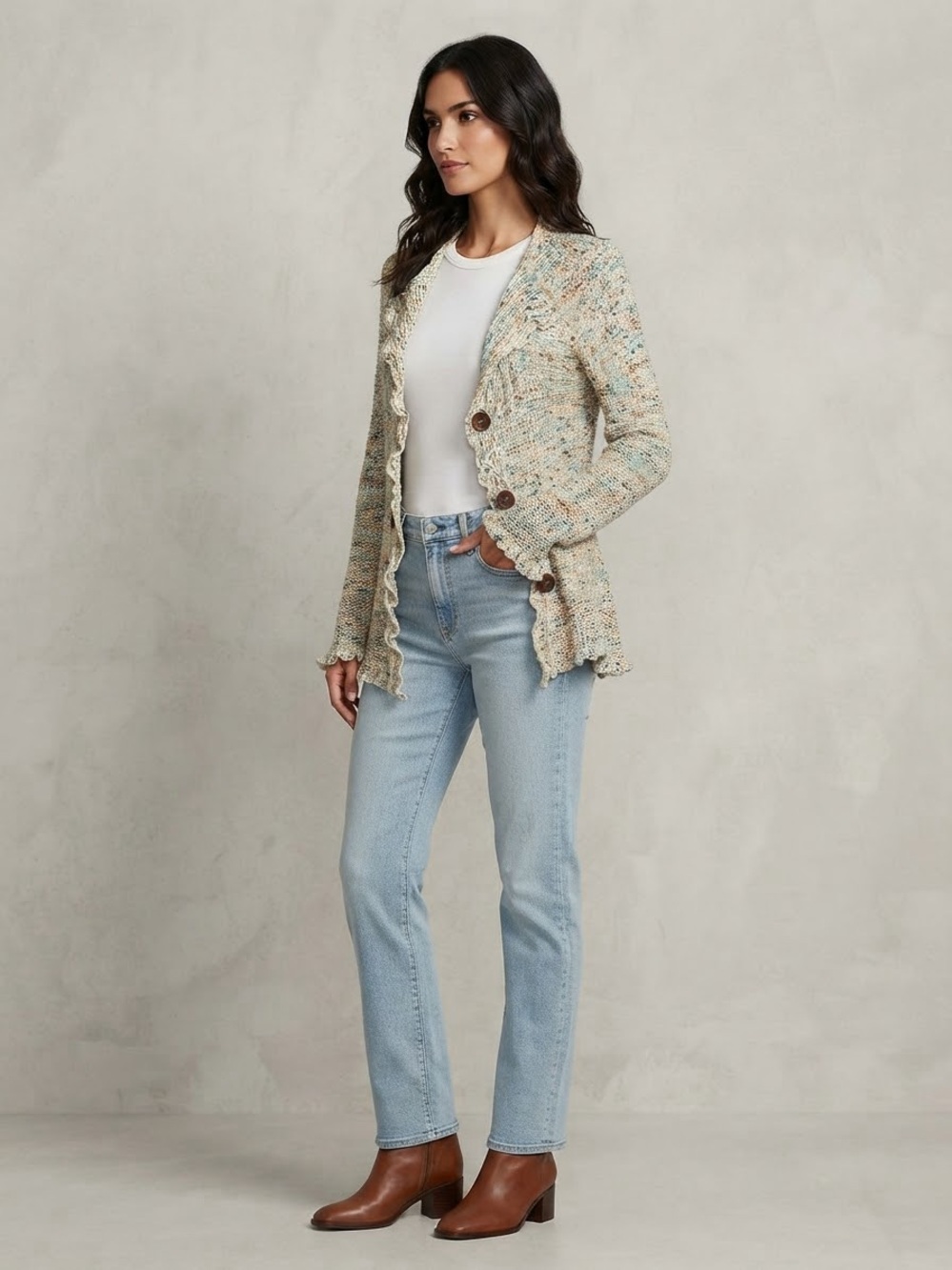 BCBGMAXAZRIA Multi-Color Speckled Knit Ruffle Cardigan Sweater Sz Large